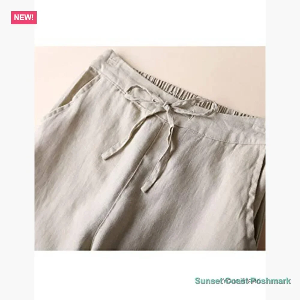 Linen Tapered Pants High Waisted Drawstring Casual Joggers - Picture 4 of 7